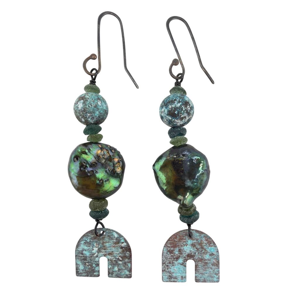 Artisan Handcrafted Freshwater Baroque Pearl Ancient Roman Glass Earrings